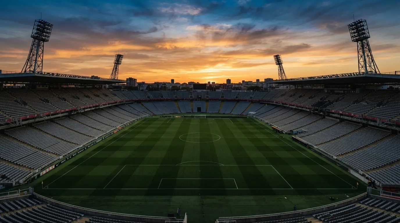 Un estadio de fútbol vacío con torres de iluminación al atardecer