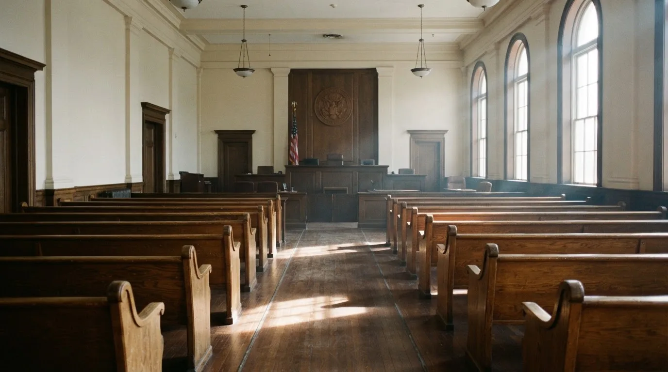 Una sala de tribunal vacía con bancos de madera a la luz de la mañana