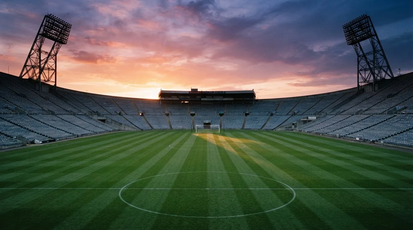 Un estadio de fútbol vacío con torres de iluminación al atardecer