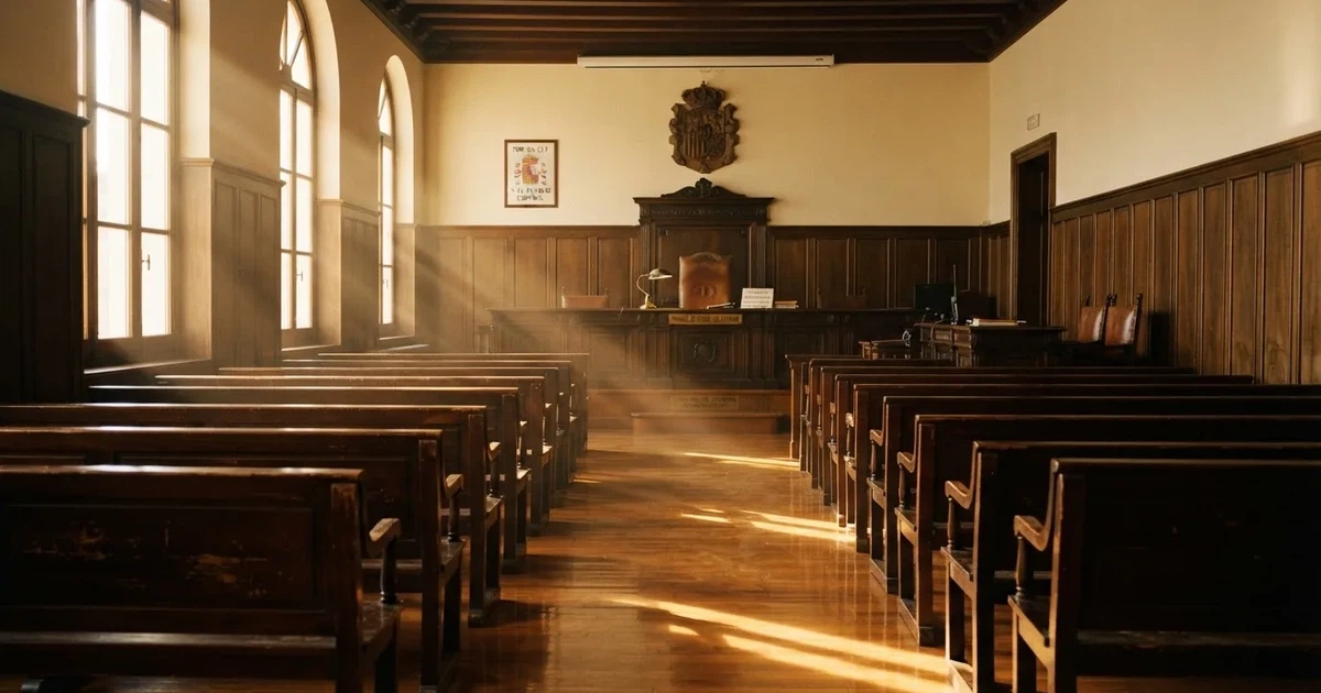 Una sala de tribunal vacía con bancos de madera a la luz de la mañana