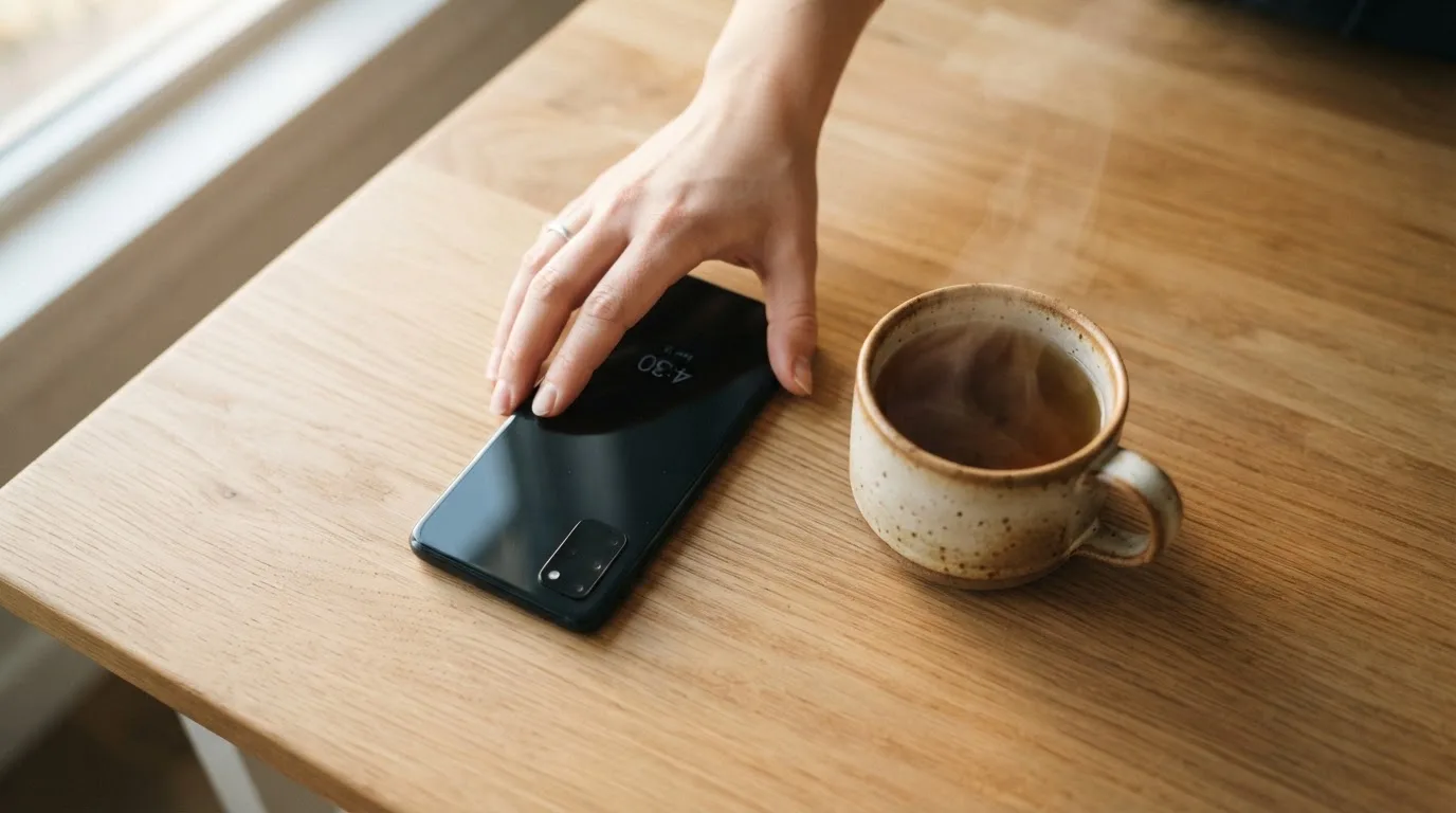Una mano deja un móvil junto a una taza de té sobre la mesa de la cocina, una tarde tranquila