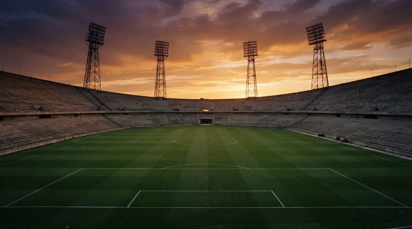 Un estadio de fútbol vacío con torres de iluminación al atardecer