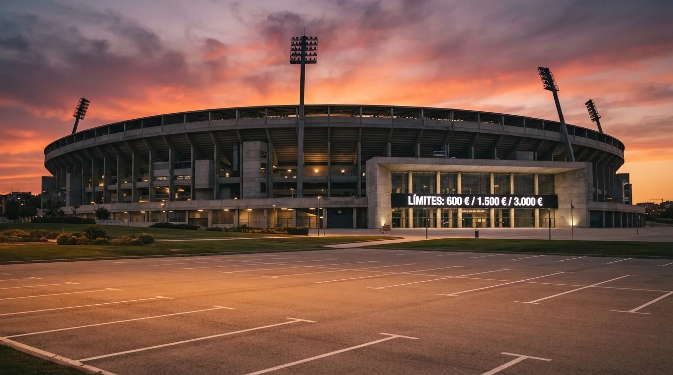 Un estadio de fútbol vacío con torres de iluminación al atardecer