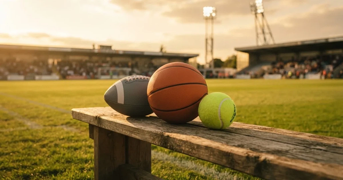 Tres balones de distintos tipos, uno junto a otro, sobre un banco de madera