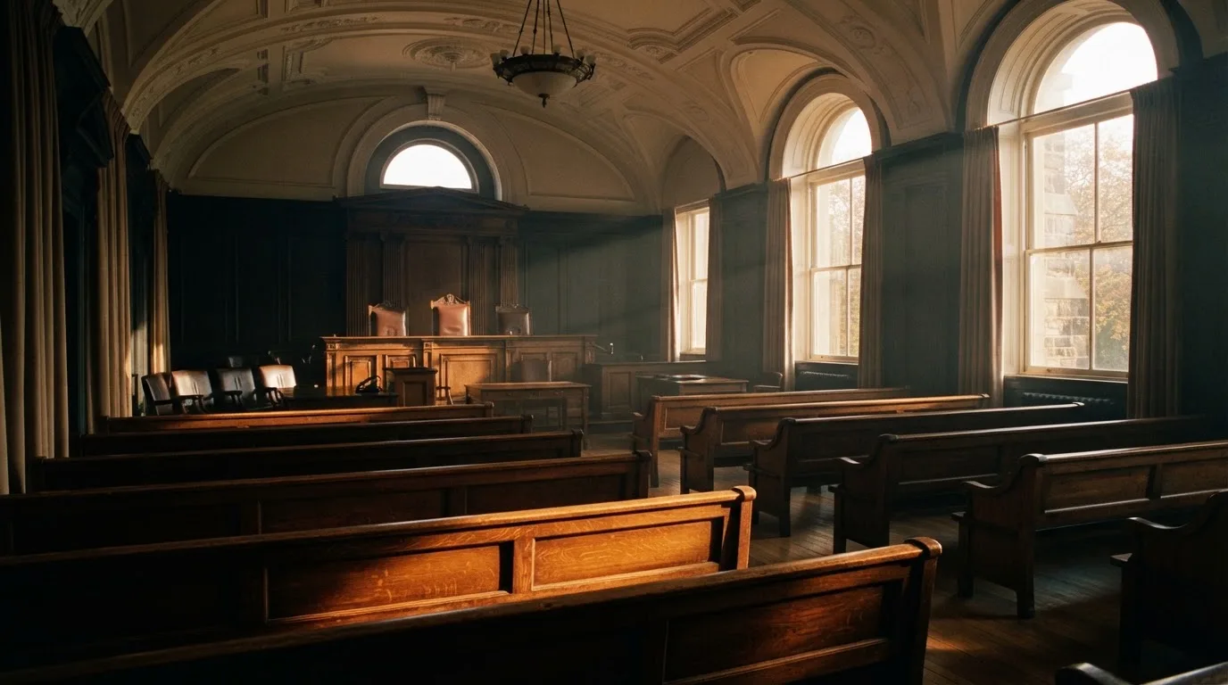 Una sala de tribunal vacía con bancos de madera a la luz de la mañana