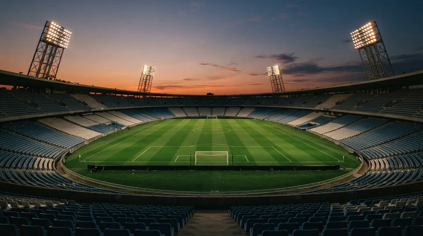 Un estadio de fútbol vacío con torres de iluminación al atardecer
