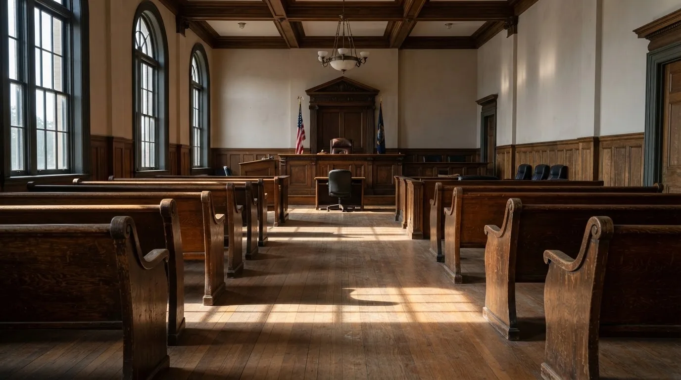 Una sala de tribunal vacía con bancos de madera a la luz de la mañana