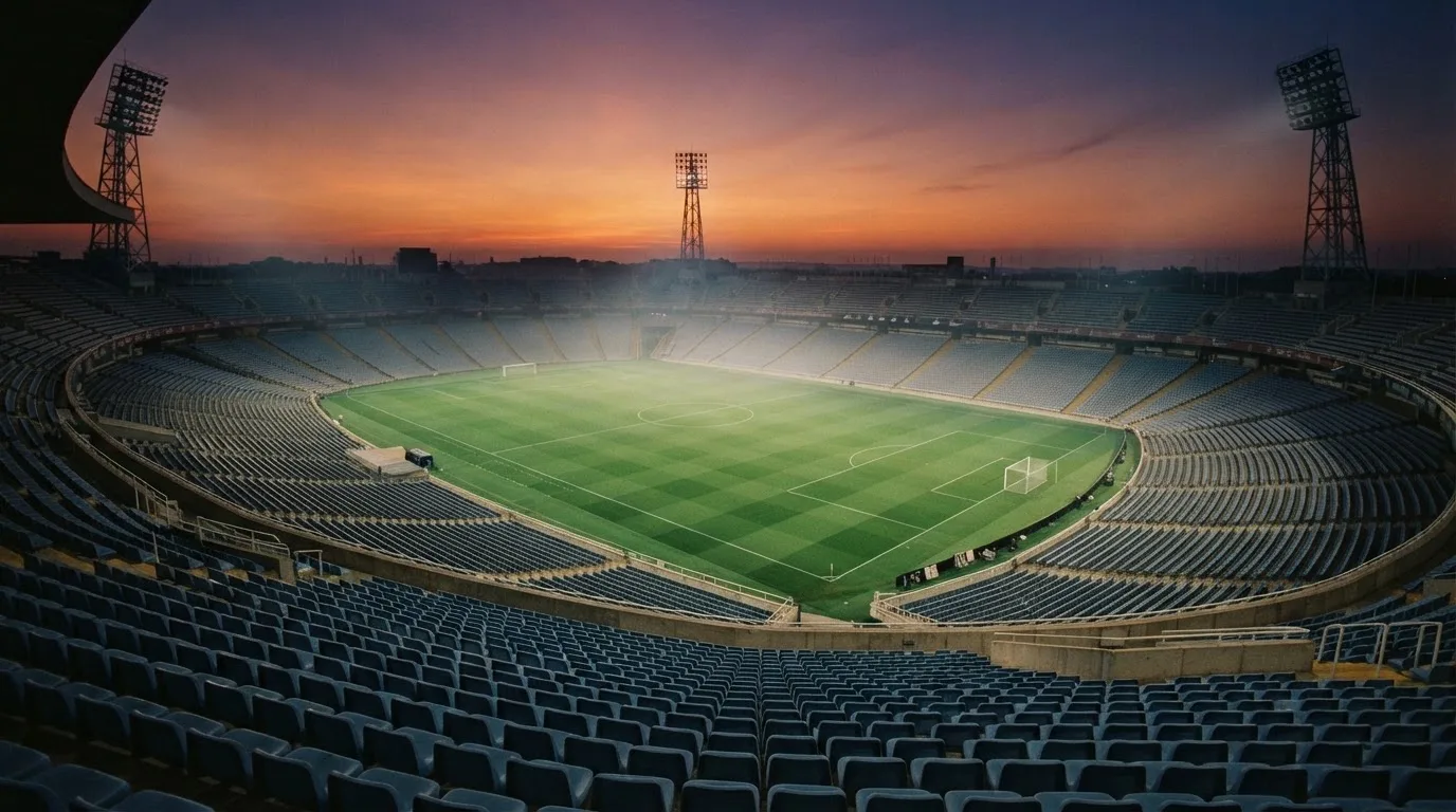 Un estadio de fútbol vacío con torres de iluminación al atardecer