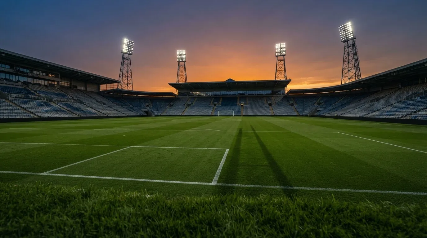 Un estadio de fútbol vacío con torres de iluminación al atardecer