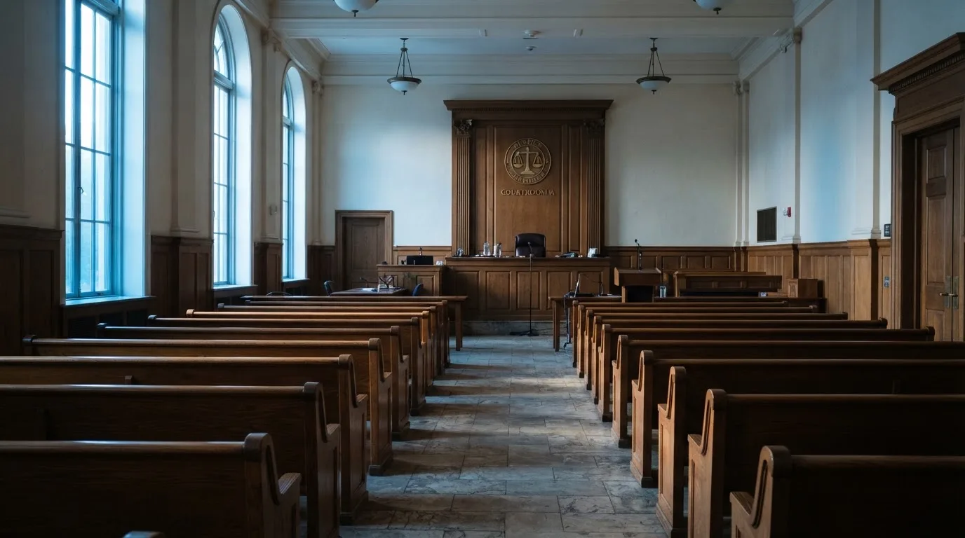 Una sala de tribunal vacía con bancos de madera a la luz de la mañana