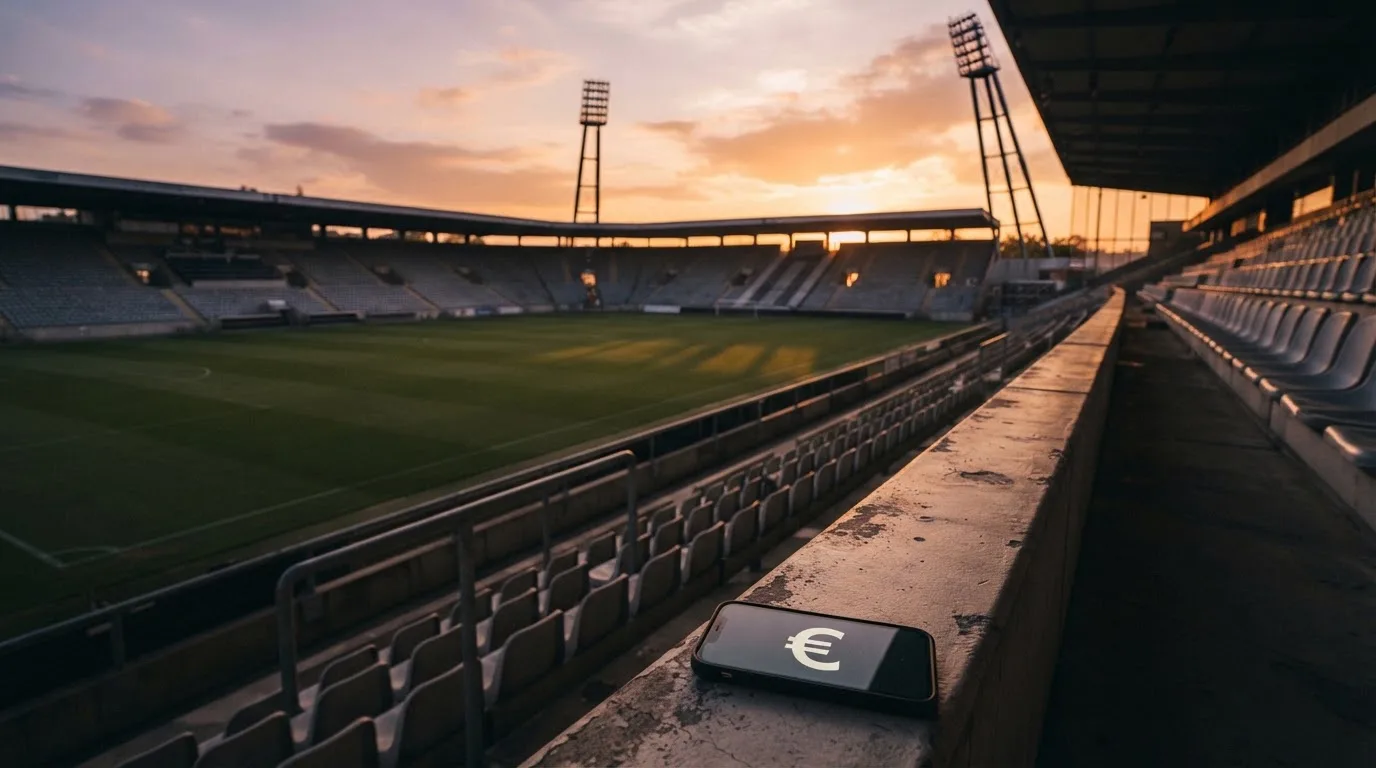 Un estadio de fútbol vacío con torres de iluminación al atardecer