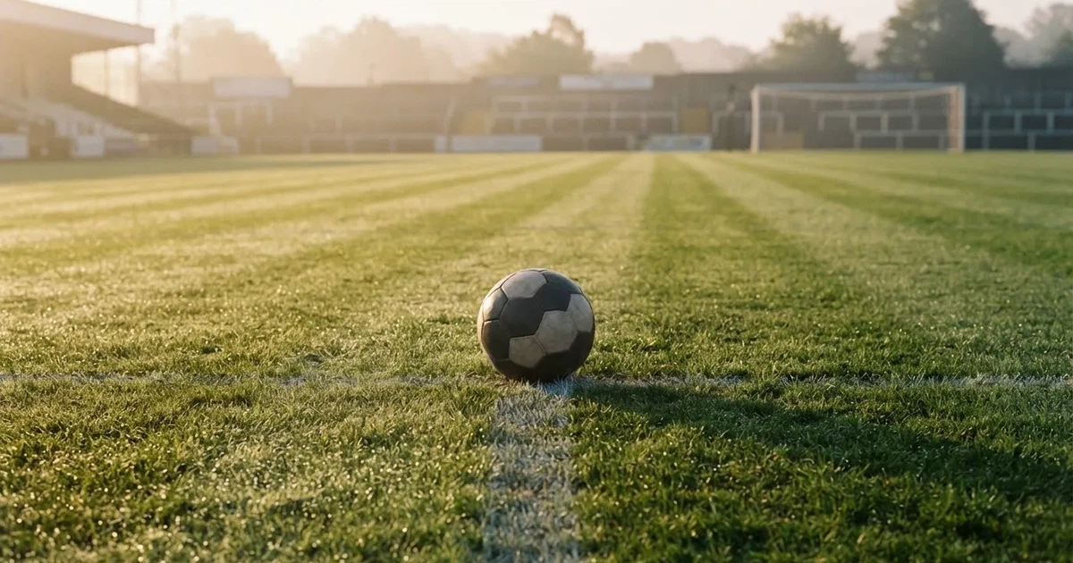 Un balón en el punto central de un campo de césped a la luz de la mañana