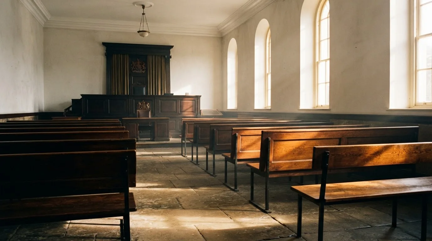Una sala de tribunal vacía con bancos de madera a la luz de la mañana