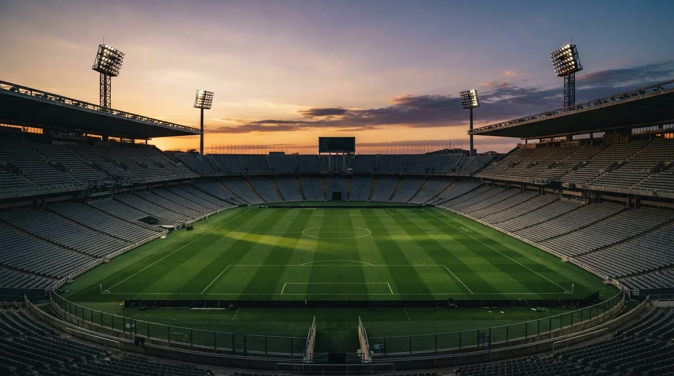Un estadio de fútbol vacío con torres de iluminación al atardecer