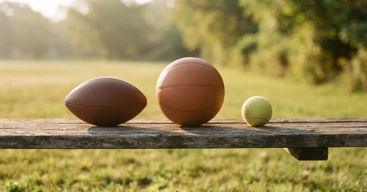 Tres balones de distintos tipos, uno junto a otro, sobre un banco de madera