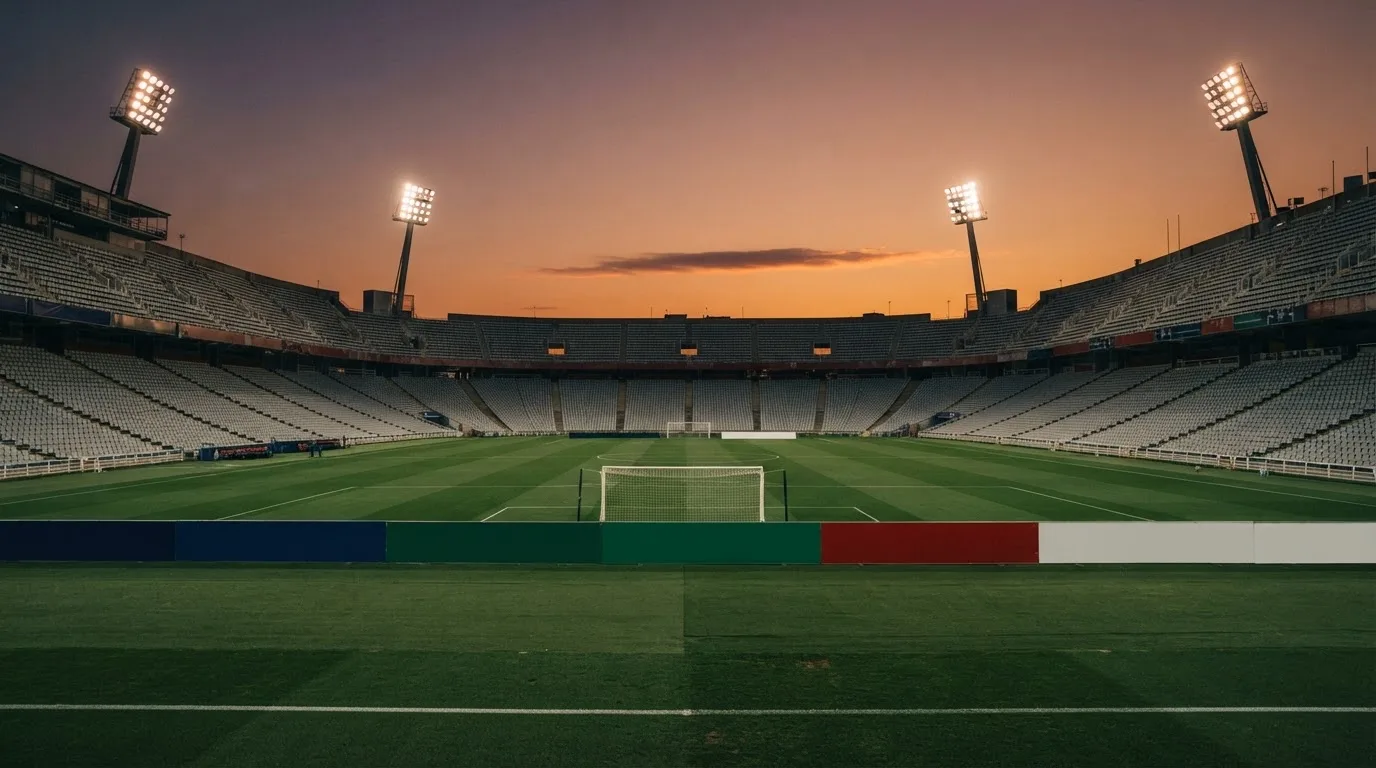 Un estadio de fútbol vacío con torres de iluminación al atardecer