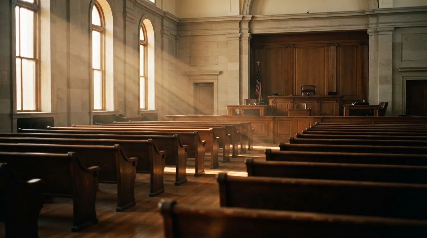 Una sala de tribunal vacía con bancos de madera a la luz de la mañana