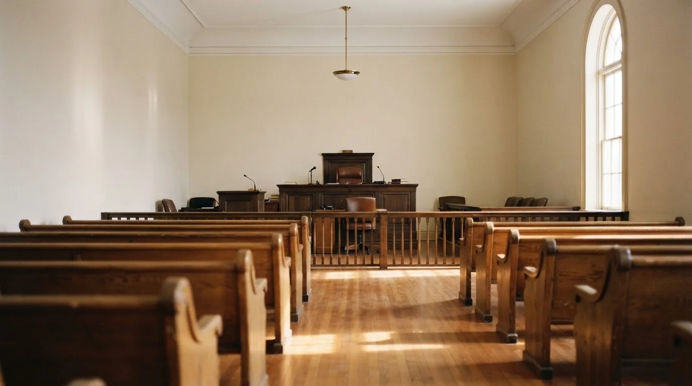 Una sala de tribunal vacía con bancos de madera a la luz de la mañana