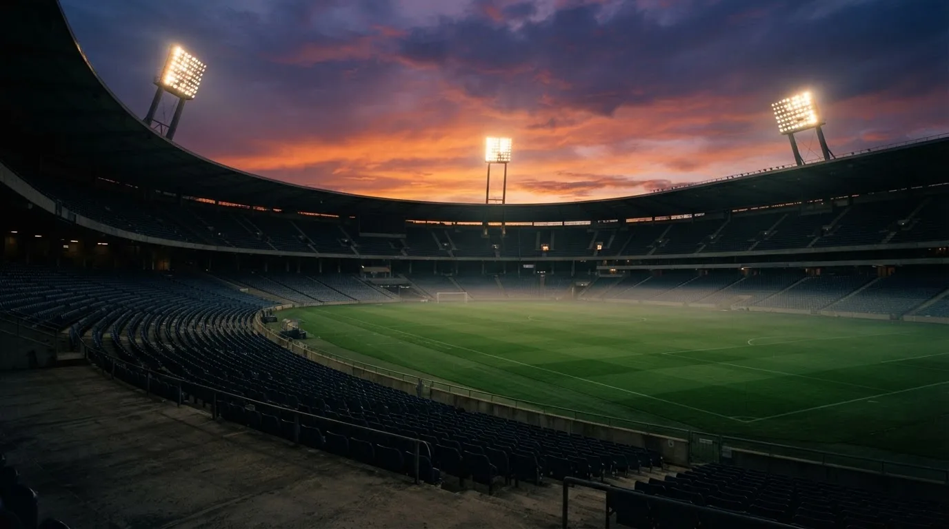 Un estadio de fútbol vacío con torres de iluminación al atardecer