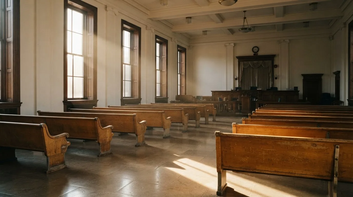 Una sala de tribunal vacía con bancos de madera a la luz de la mañana