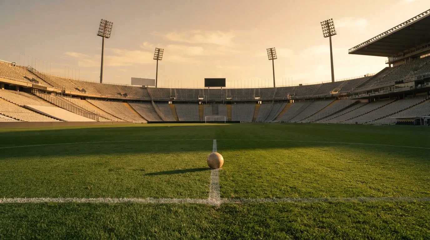 Un estadio de fútbol vacío con torres de iluminación al atardecer