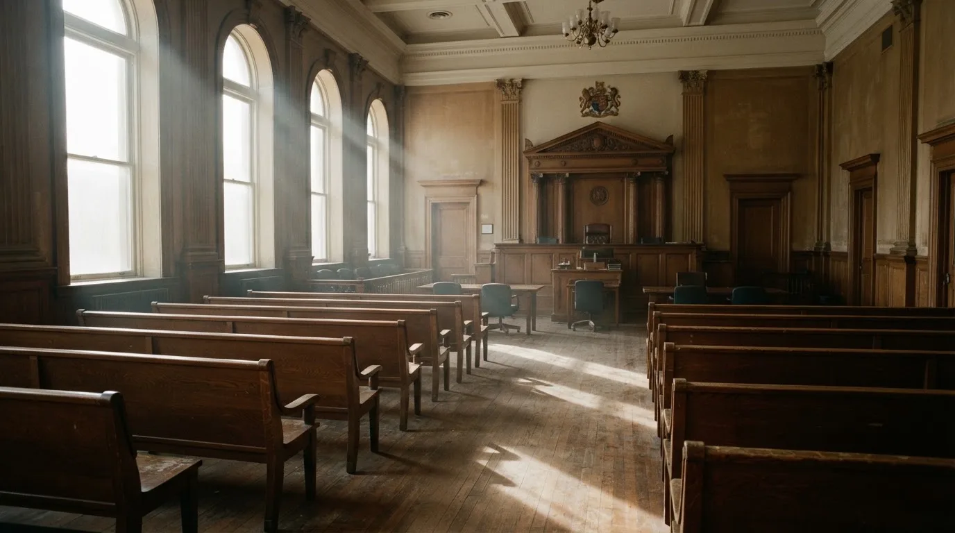 Una sala de tribunal vacía con bancos de madera a la luz de la mañana