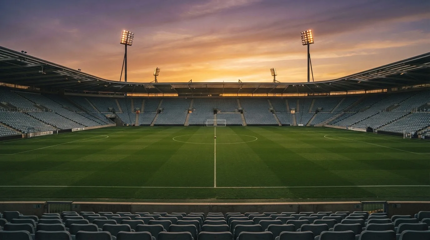 Un estadio de fútbol vacío con torres de iluminación al atardecer