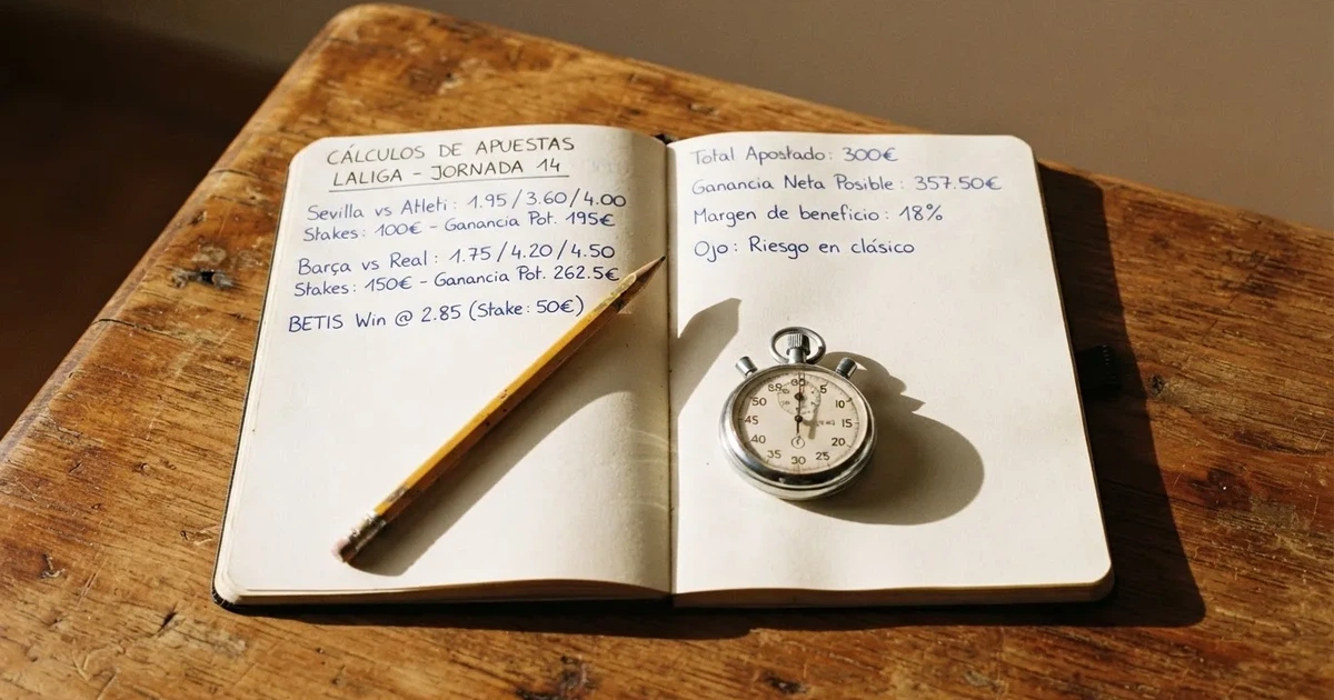 Un cuaderno abierto con un lápiz y un cronómetro sobre una mesa de madera