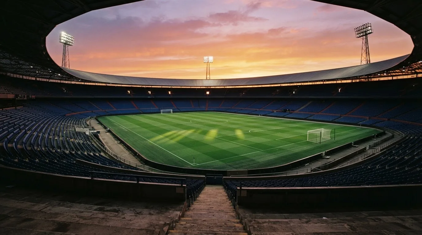 Un estadio de fútbol vacío con torres de iluminación al atardecer