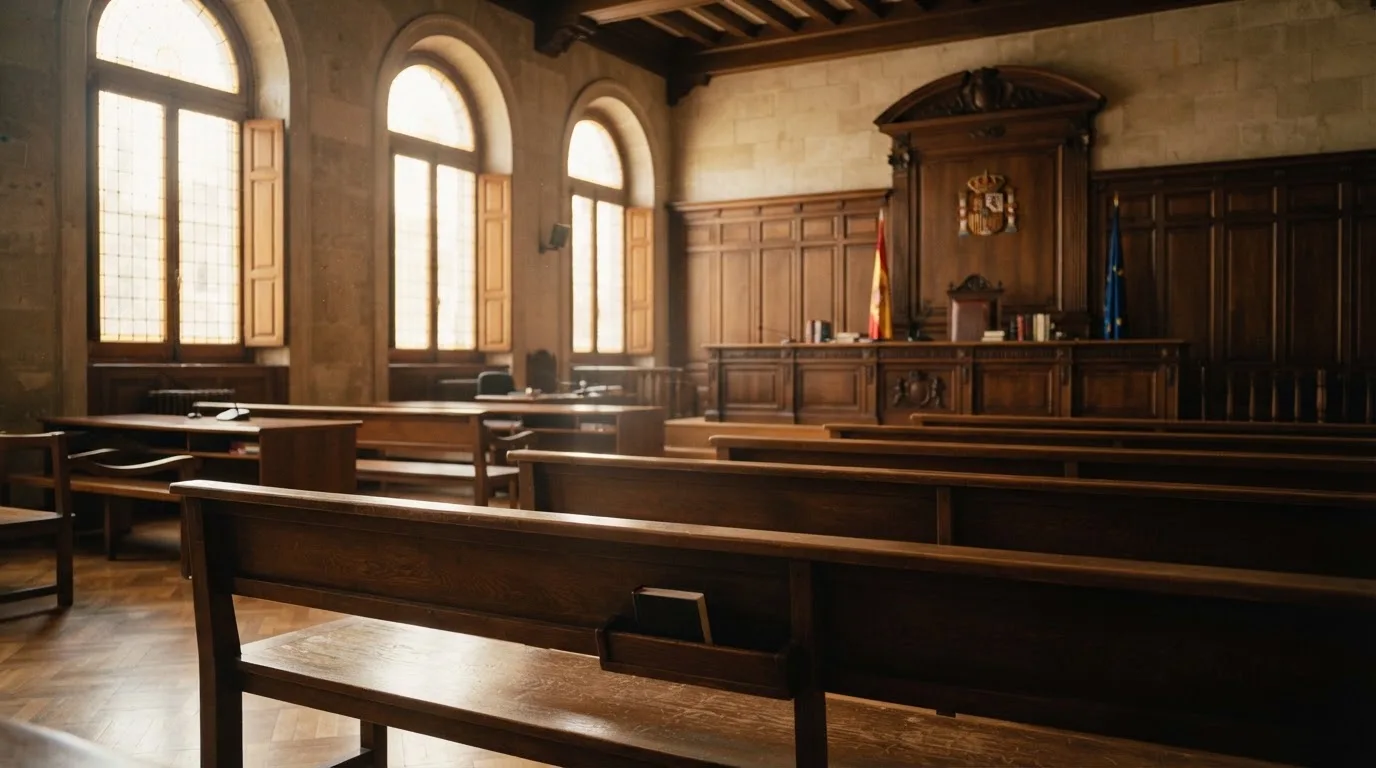 Una sala de tribunal vacía con bancos de madera a la luz de la mañana
