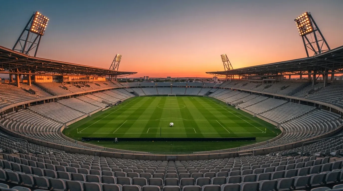 Un estadio de fútbol vacío con torres de iluminación al atardecer