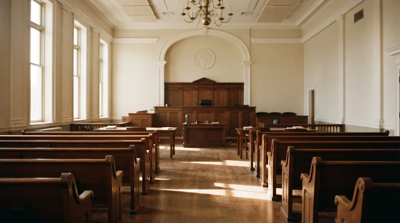Una sala de tribunal vacía con bancos de madera a la luz de la mañana