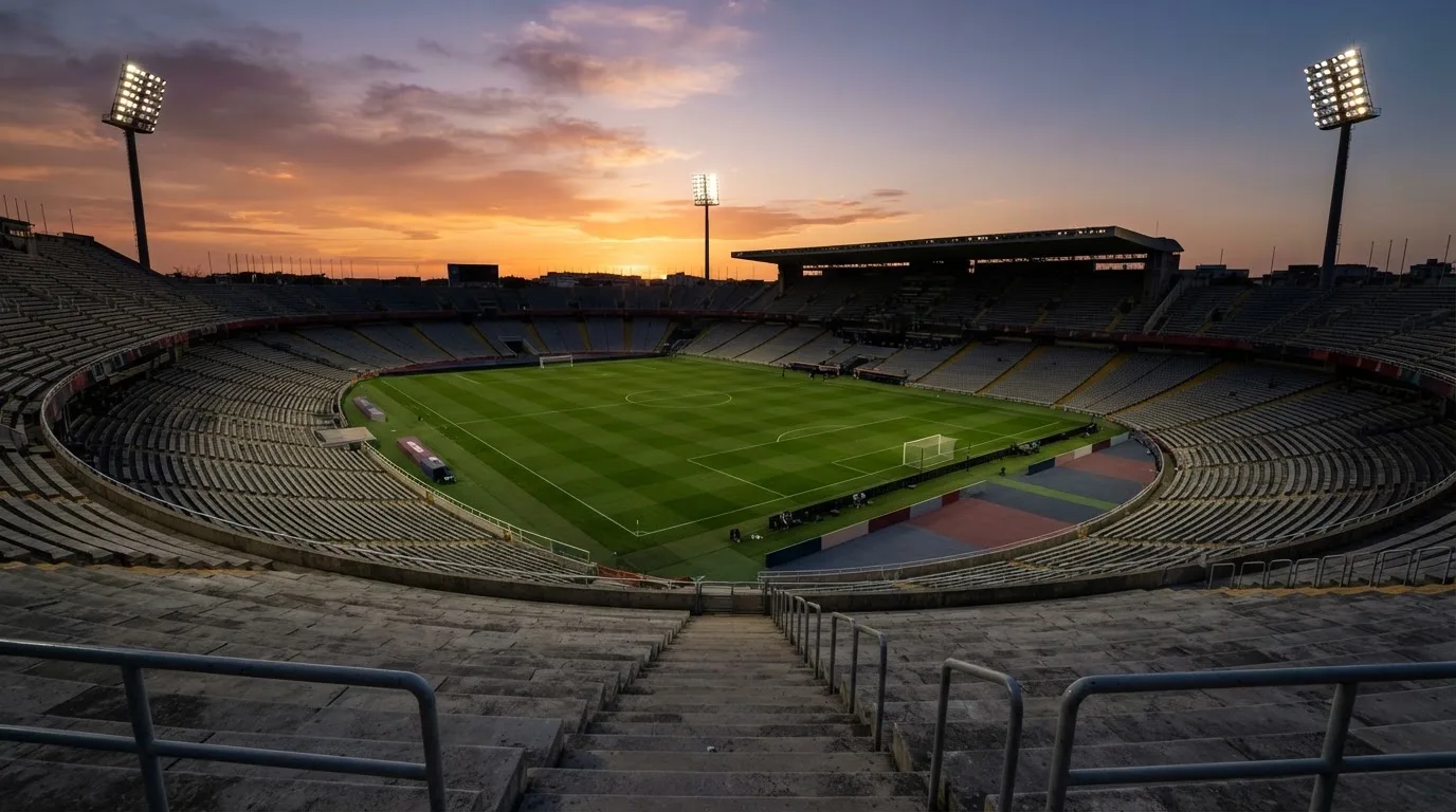 Un estadio de fútbol vacío con torres de iluminación al atardecer