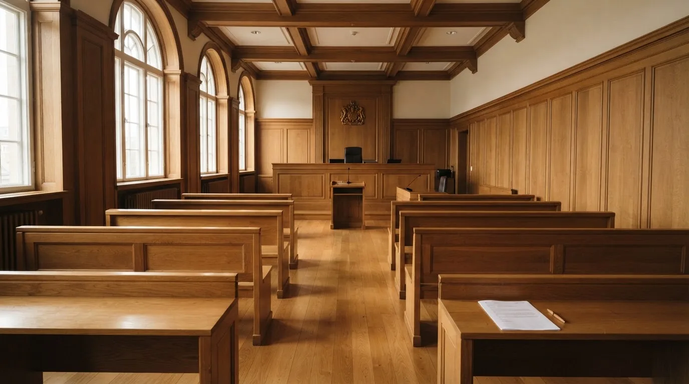 Una sala de tribunal vacía con bancos de madera a la luz de la mañana