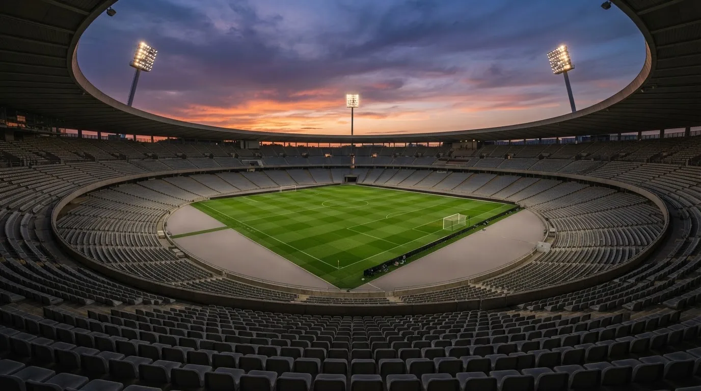 Un estadio de fútbol vacío con torres de iluminación al atardecer