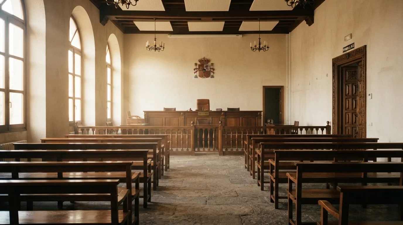 Una sala de tribunal vacía con bancos de madera a la luz de la mañana