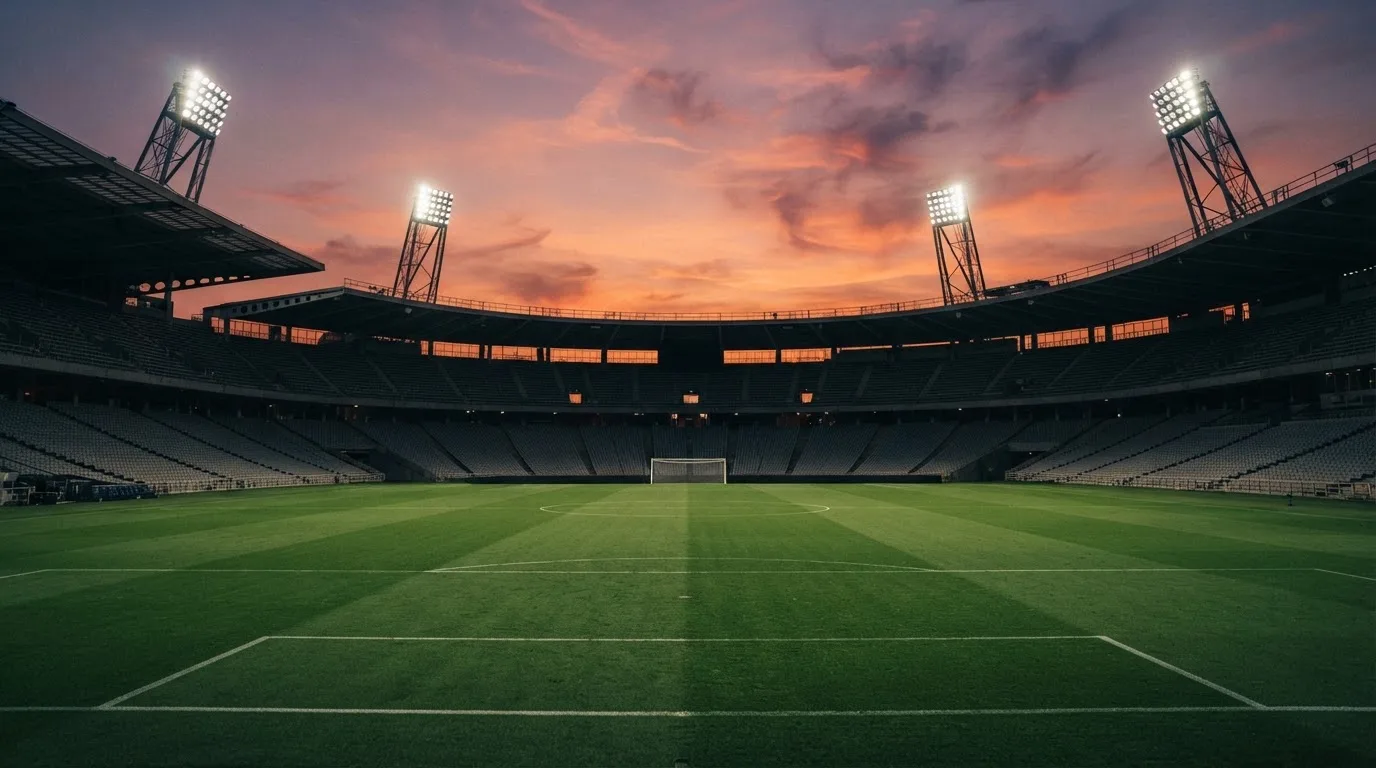Un estadio de fútbol vacío con torres de iluminación al atardecer