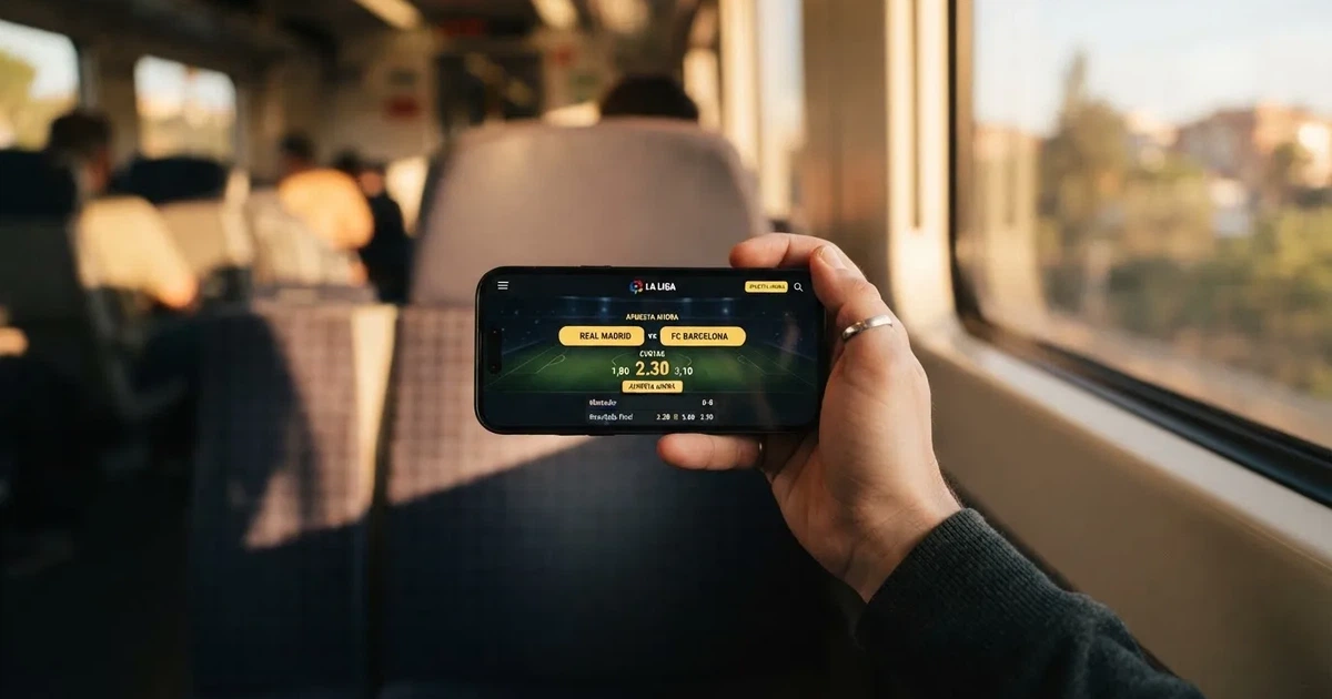 Una mano sostiene un móvil en el tren por la tarde, con la pantalla girada