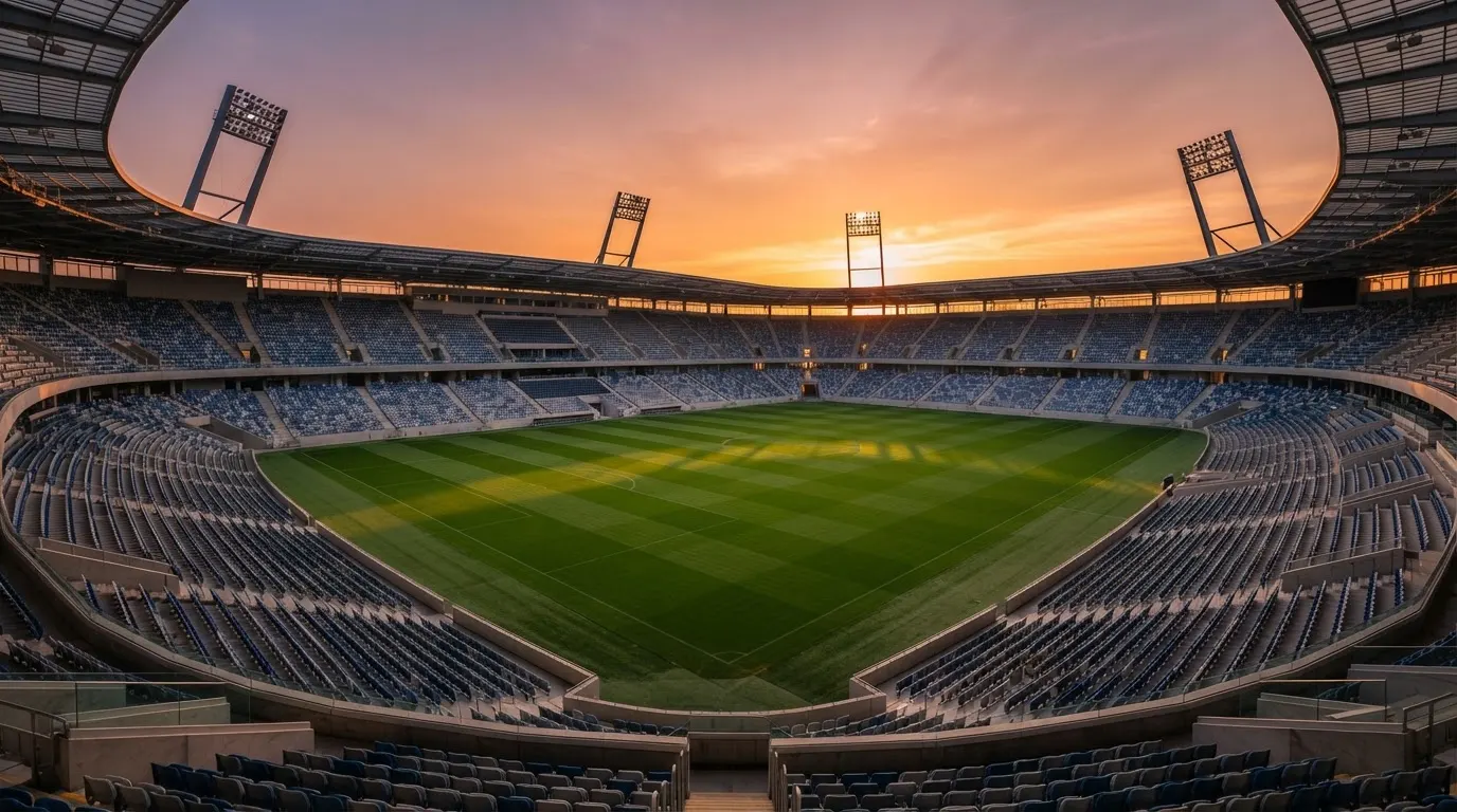 Un estadio de fútbol vacío con torres de iluminación al atardecer