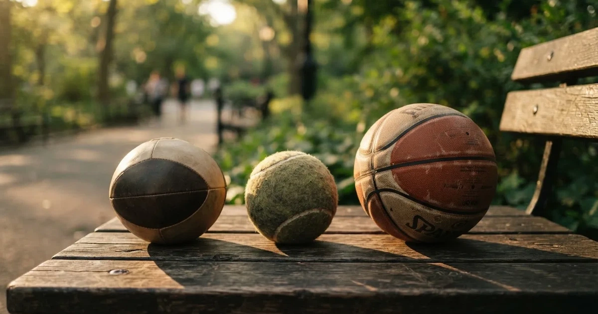 Tres balones de distintos tipos, uno junto a otro, sobre un banco de madera