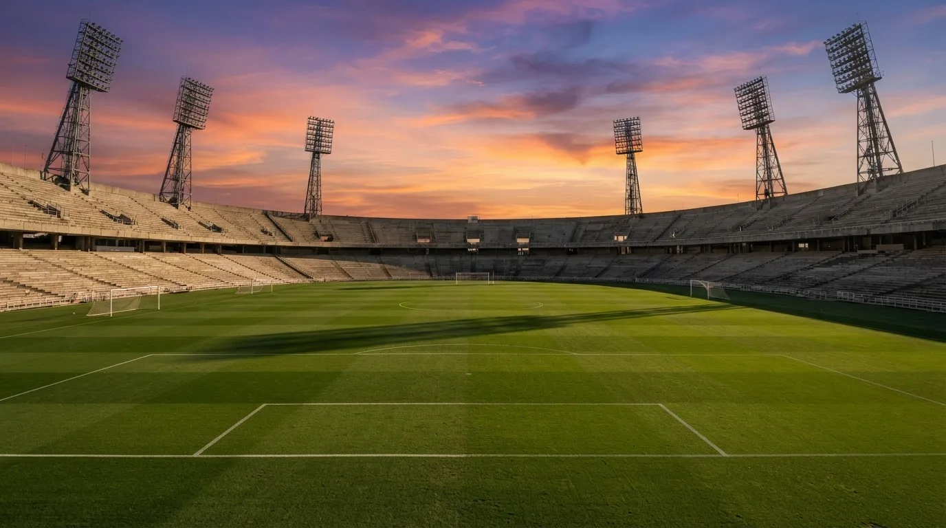 Un estadio de fútbol vacío con torres de iluminación al atardecer