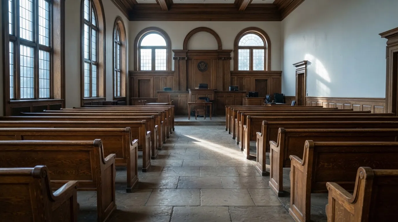 Una sala de tribunal vacía con bancos de madera a la luz de la mañana