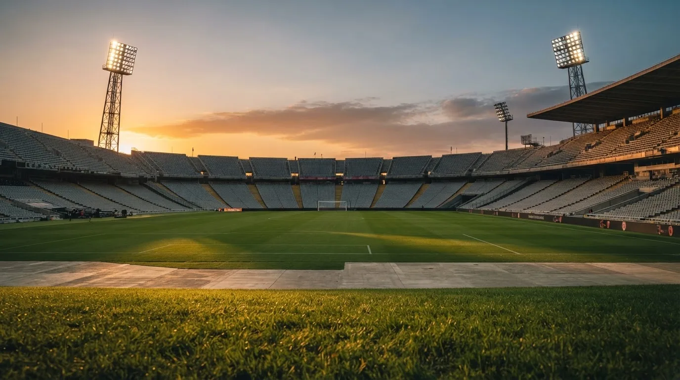 Un estadio de fútbol vacío con torres de iluminación al atardecer