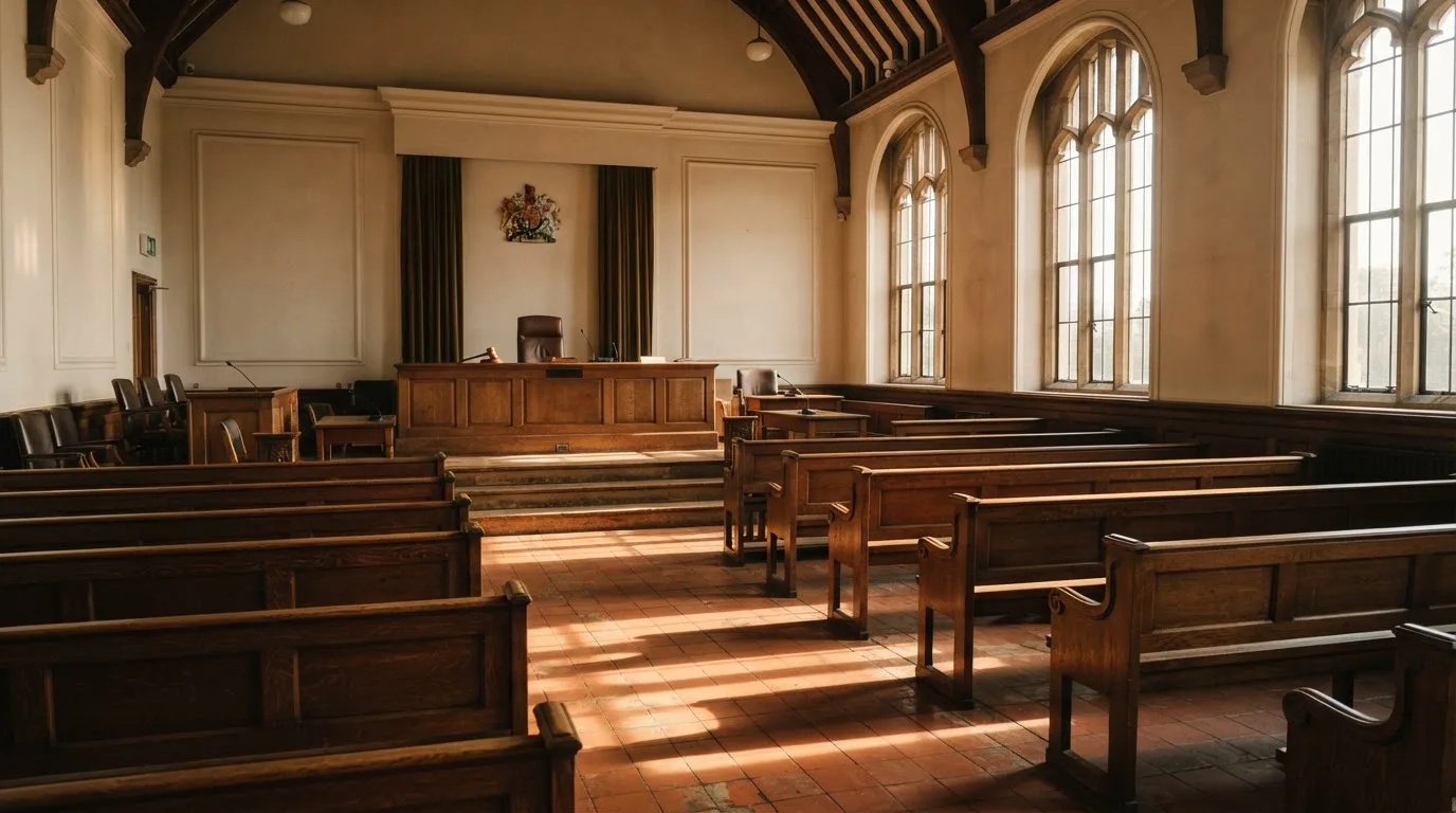 Una sala de tribunal vacía con bancos de madera a la luz de la mañana