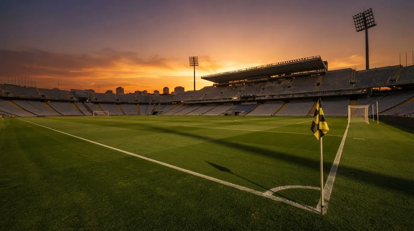 Un estadio de fútbol vacío con torres de iluminación al atardecer