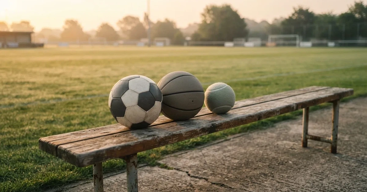 Tres balones de distintos tipos, uno junto a otro, sobre un banco de madera