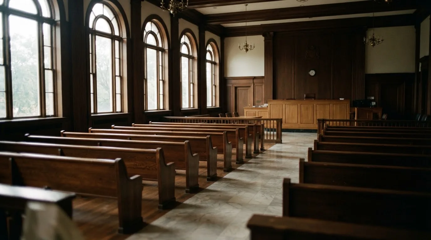 Una sala de tribunal vacía con bancos de madera a la luz de la mañana