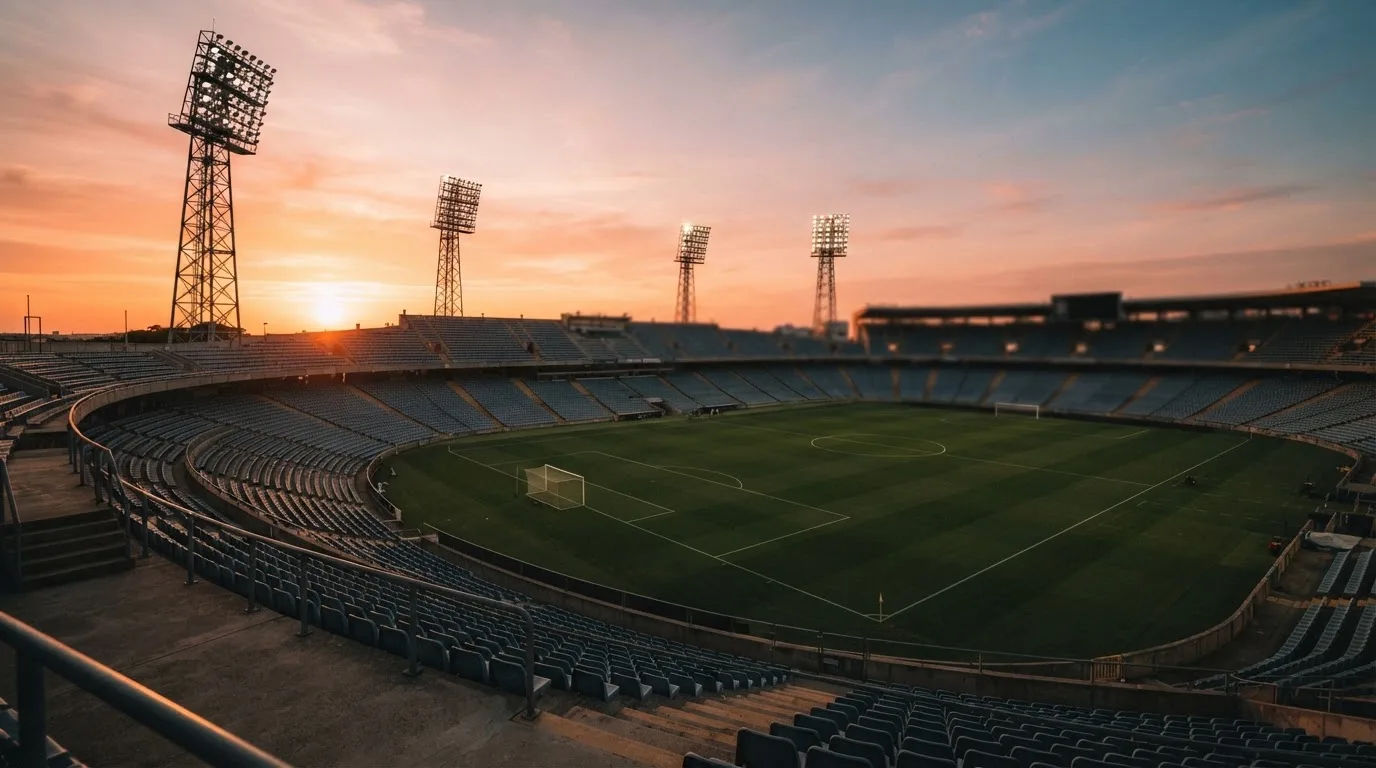 Un estadio de fútbol vacío con torres de iluminación al atardecer