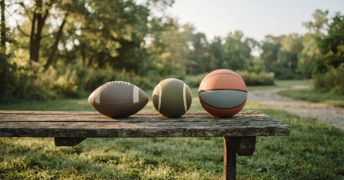 Tres balones de distintos tipos, uno junto a otro, sobre un banco de madera