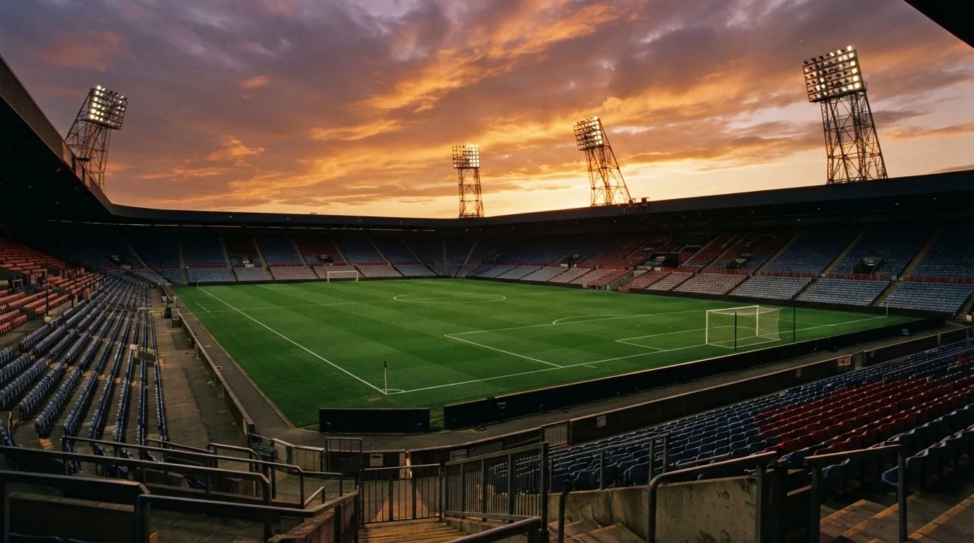 Un estadio de fútbol vacío con torres de iluminación al atardecer